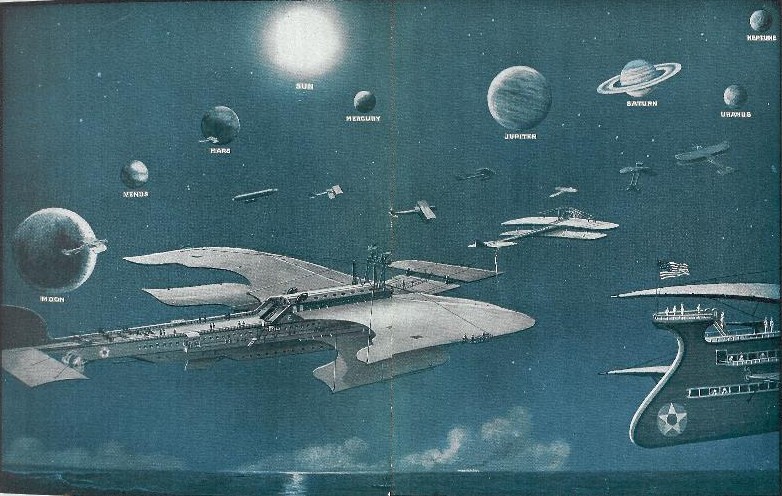  [painting of enormous
biplanes flying into space]