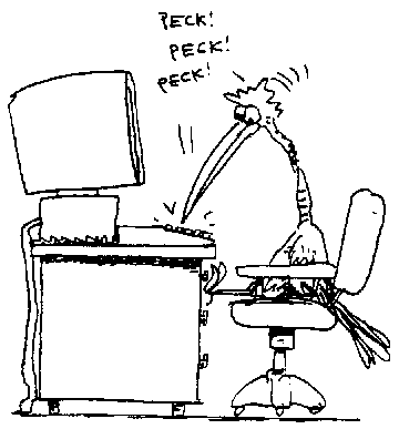 [Cartoon of bird pecking on computer keyboard.]