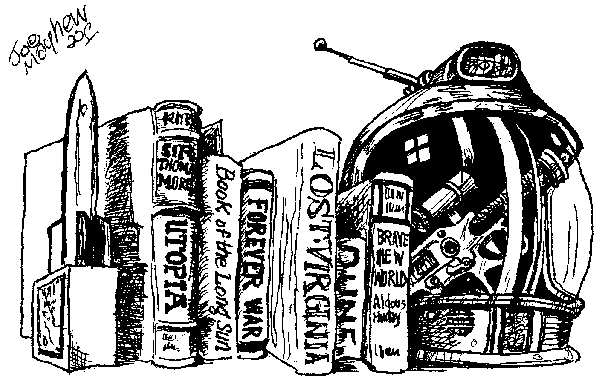 [Joe Mayhew drawing of bookshelf with a Hugo on one end and a space helmet and zap gun on the other.]